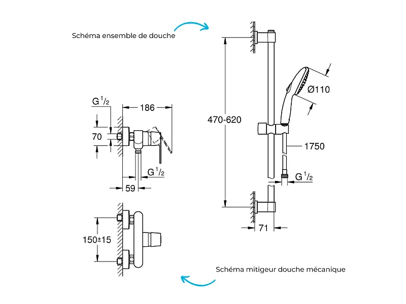 Pack mitigeur douche mécanique GROHE Quickfix Get + Ensemble rond barre et pommeau de douche 2 jets Vitalio Comfort 110 Chromé