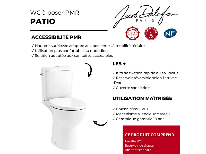 WC à poser sans bride surélevé PMR sortie horizontale JACOB DELAFON Patio avec abattant