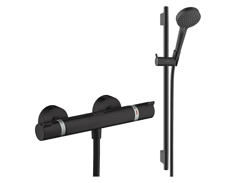 Pack mitigeur douche thermostatique HANSGROHE Ecostat Comfort + Ensemble pommeau Vernis Blend EcoSmart 2 jets avec barre noir mat