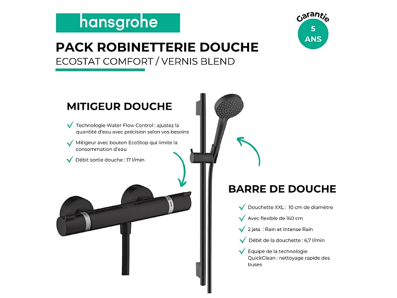 Pack mitigeur douche thermostatique HANSGROHE Ecostat Comfort + Ensemble pommeau Vernis Blend EcoSmart 2 jets avec barre noir mat