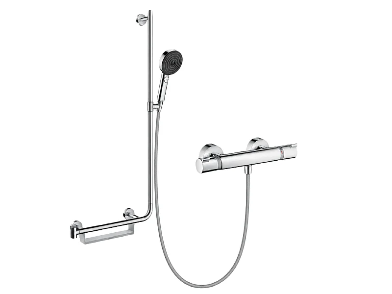 Mitigeur thermostatique HANSGROHE Ecostat Comfort + Barre PMR Unica gauche + Pommeau Pulsify Select 3 jets + Flexible Metaflex