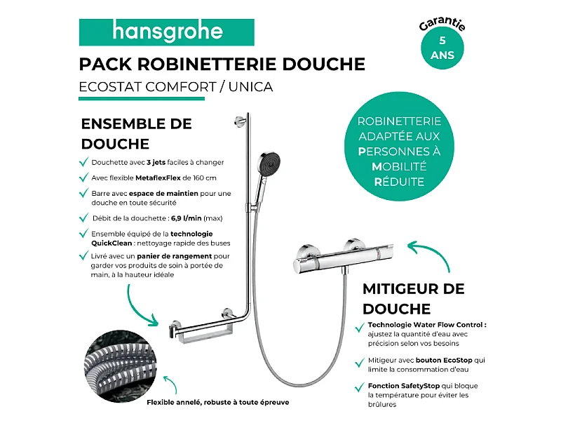 Mitigeur thermostatique HANSGROHE Ecostat Comfort + Barre PMR Unica gauche + Pommeau Pulsify Select 3 jets + Flexible Metaflex