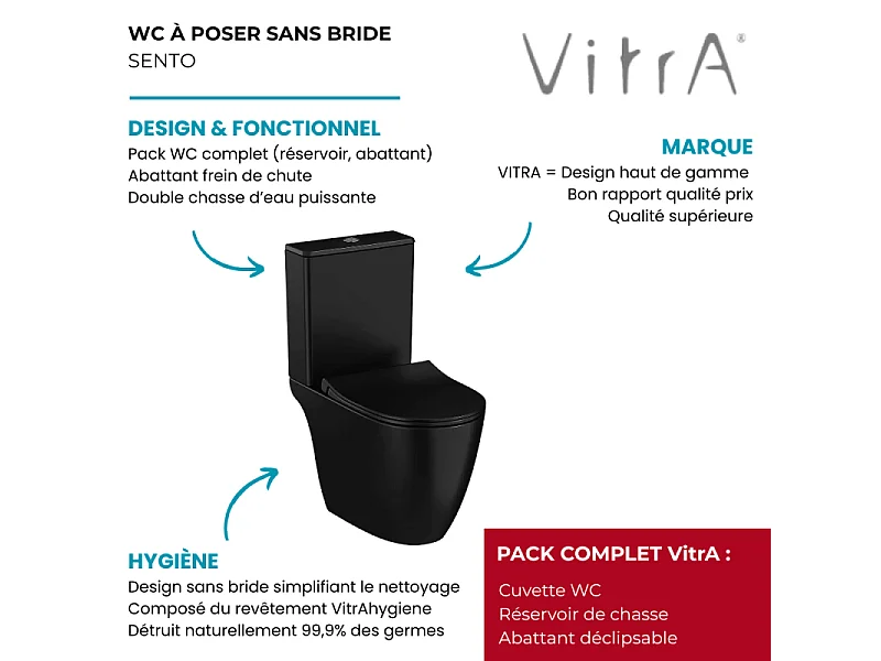 WC à poser sans bride VitrA Sento + abattant slim freinde chute noir mat