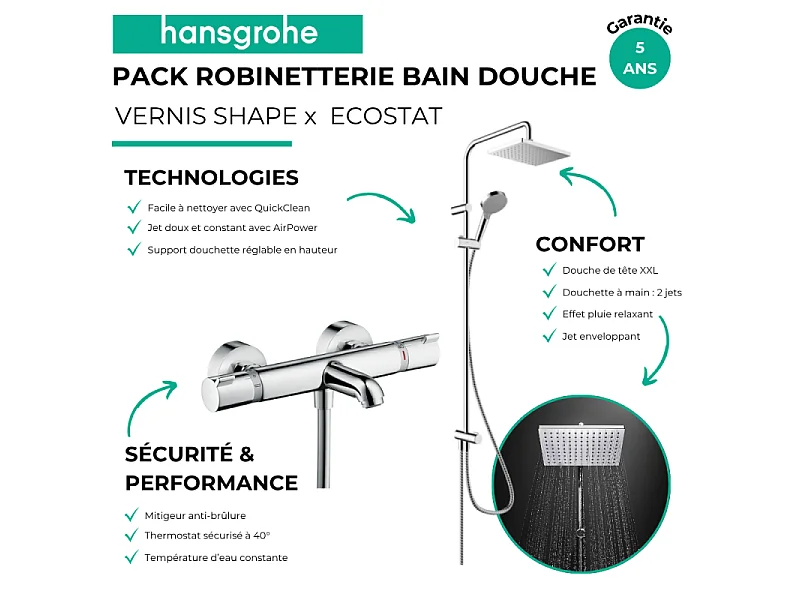 Pack mitigeur bain douche thermostatique HANSGROHE Ecostat Comfort + Colonne HANSGROHE Vernis Shape 230 chromé