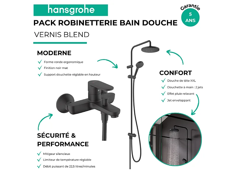 Pack mitigeur bain douche mécanique HANSGROHE Vernis Blend + colonne HANSGROHE Vernis Blend 200 noir mat