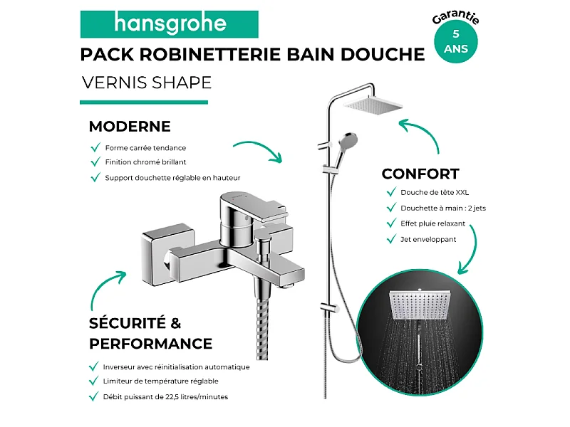Pack mitigeur bain douche mécanique HANSGROHE Vernis Shape + colonne HANSGROHE Vernis Shape 230 chromé