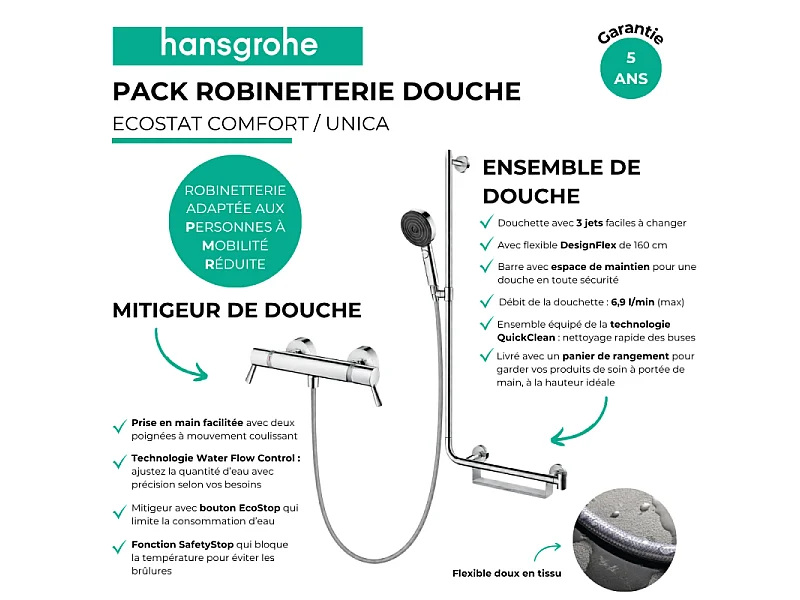 Mitigeur thermostatique HANSGROHE Ecostat Comfort Care + Barre PMR Unica droite + Pommeau Pulsify Select + Flexible Designflex