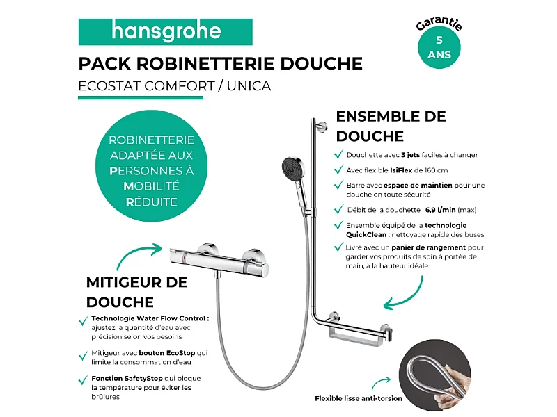 Mitigeur thermostatique HANSGROHE Ecostat Comfort + Barre PMR Unica droite + Pommeau Pulsify Select 3 jets + Flexible Isiflex
