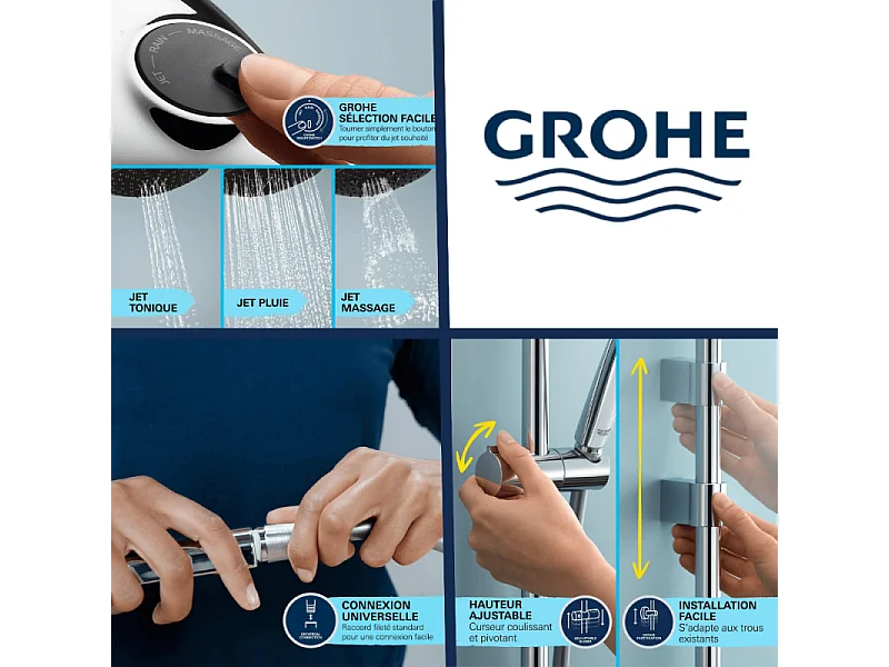 Ensemble de douche GROHE Precision Trend + mitigeur thermostatique avec barre 3 jets Chromé
