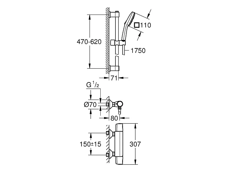 Ensemble de douche GROHE Precision Trend + mitigeur thermostatique avec barre 3 jets Chromé