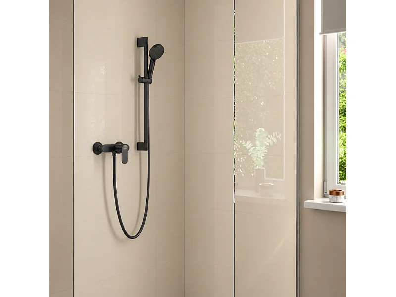 Pack mitigeur douche mécanique HANSGROHE Vernis Blend + Ensemble pommeau Vernis Blend EcoSmart 2 jets avec barre noir mat