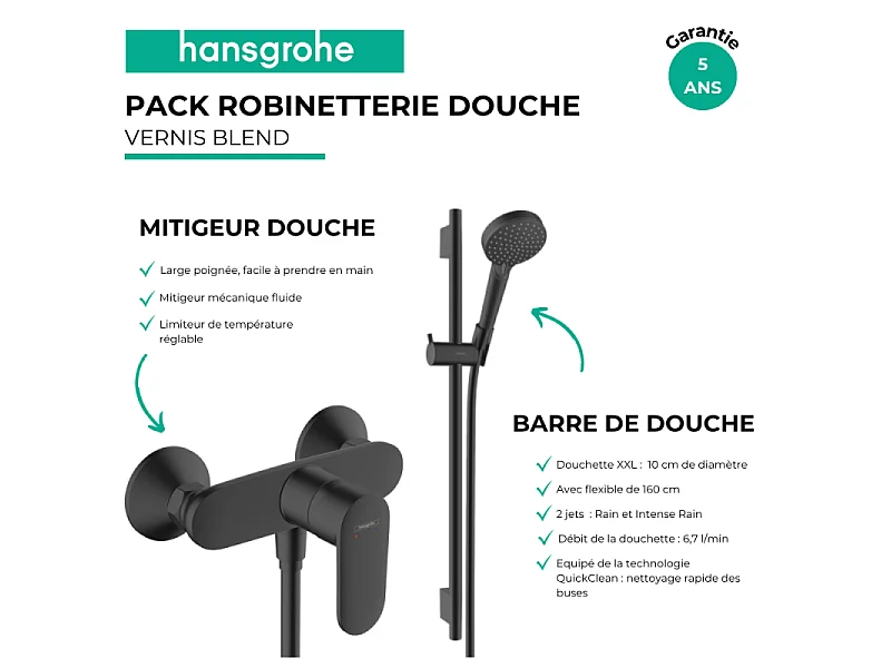 Pack mitigeur douche mécanique HANSGROHE Vernis Blend + Ensemble pommeau Vernis Blend EcoSmart 2 jets avec barre noir mat
