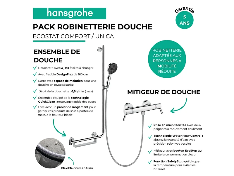 Mitigeur thermostatique HANSGROHE Ecostat Comfort Care + Barre PMR Unica gauche + Pommeau Pulsify Select + Flexible Designflex