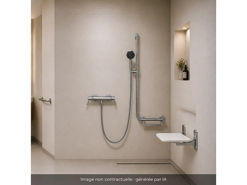 Mitigeur thermostatique HANSGROHE Ecostat Comfort Care + Barre PMR Unica droite + Pommeau Pulsify Select 3 jets + Flexible Isiflex