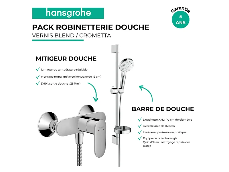 Pack mitigeur douche mécanique HANSGROHE Vernis Blend chromé + Ensemble de douche Crometta 2 jets blanc/chromé