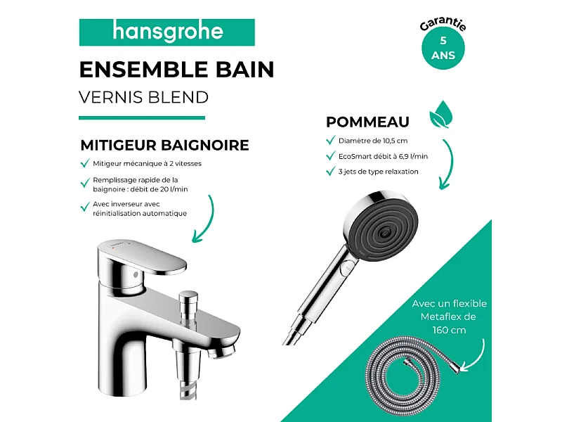 Pack mitigeur bain douche mécanique HANSGROHE Vernis Blend C2 + Pommeau de douche Pulsify Select 105 + Flexible Metaflex chromé