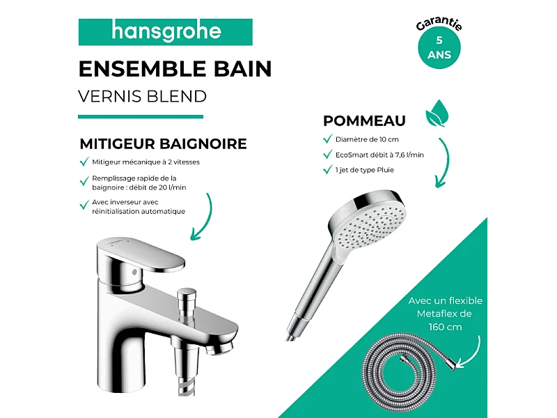 Pack mitigeur bain douche mécanique HANSGROHE Vernis Blend C2 + Pommeau de douche Crometta + Flexible Metaflex chromé