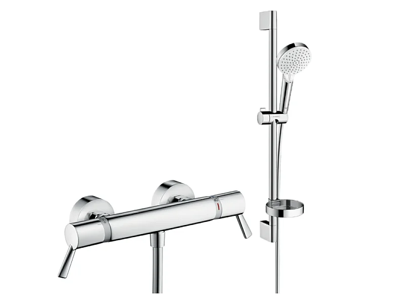 Pack mitigeur douche thermostatique HANSGROHE Ecostat Comfort Care chromé + Ensemble de douche Crometta 2 jets blanc/chromé
