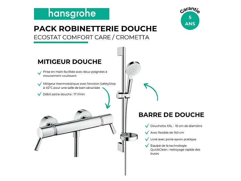 Pack mitigeur douche thermostatique HANSGROHE Ecostat Comfort Care chromé + Ensemble de douche Crometta 2 jets blanc/chromé