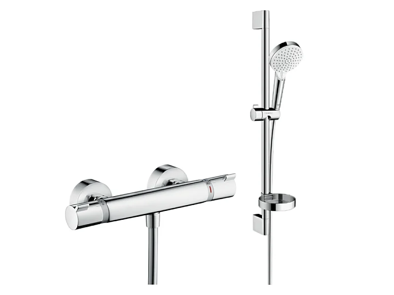 Pack mitigeur douche thermostatique HANSGROHE Ecostat Comfort chromé + Ensemble de douche Crometta 2 jets blanc/chromé