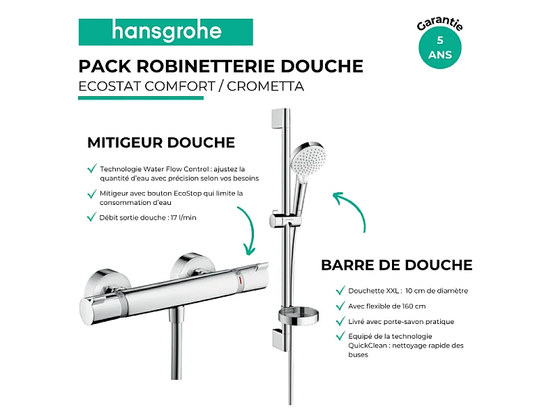 Pack mitigeur douche thermostatique HANSGROHE Ecostat Comfort chromé + Ensemble de douche Crometta 2 jets blanc/chromé