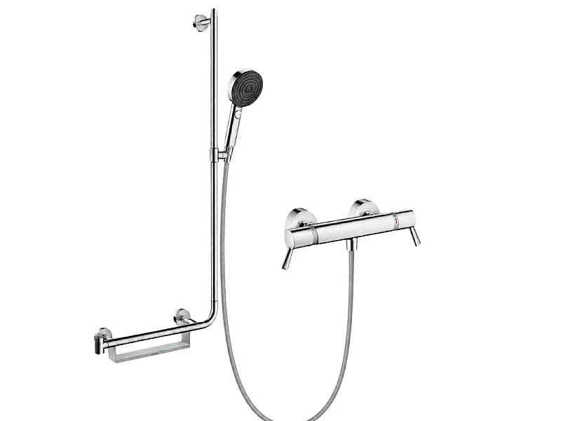 Mitigeur thermostatique HANSGROHE Ecostat Comfort Care + Barre PMR Unica gauche + Pommeau Pulsify Select 3jets + Flexible Metaflex