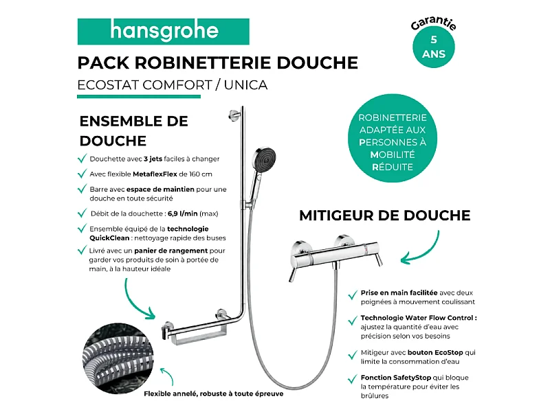 Mitigeur thermostatique HANSGROHE Ecostat Comfort Care + Barre PMR Unica gauche + Pommeau Pulsify Select 3jets + Flexible Metaflex