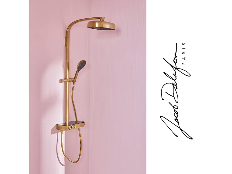Colonne de douche thermostatique JACOB DELAFON Grands Boulevards avec tablette en verre laiton brossé