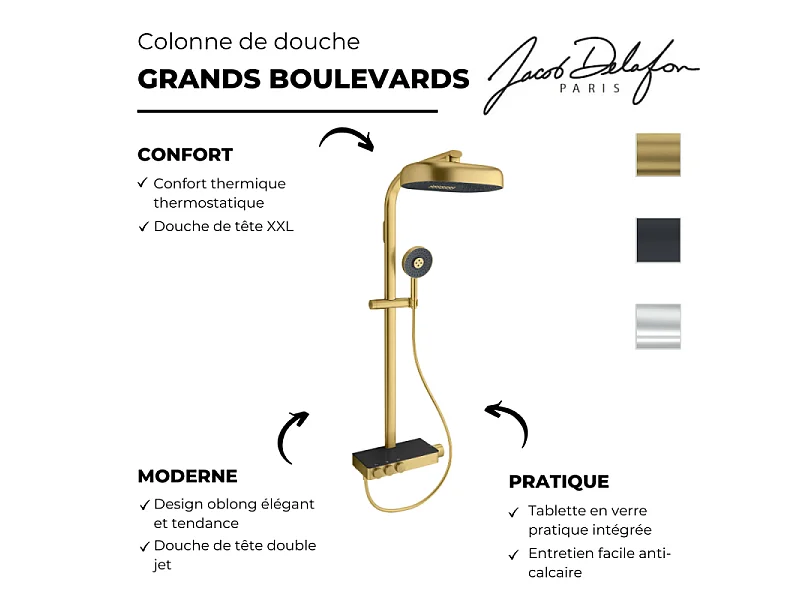 Colonne de douche thermostatique JACOB DELAFON Grands Boulevards avec tablette en verre laiton brossé