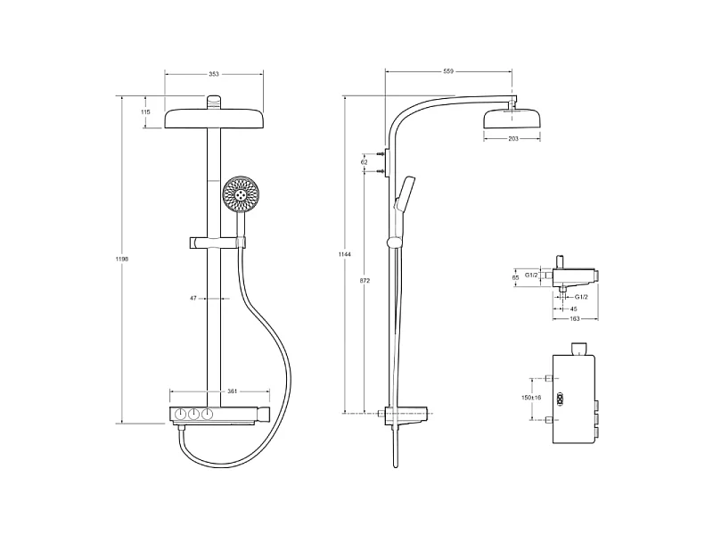 Colonne de douche thermostatique JACOB DELAFON Grands Boulevards avec tablette en verre laiton brossé