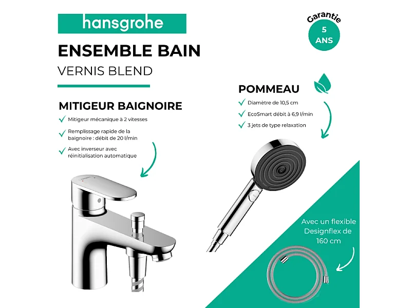 Pack mitigeur bain douche mécanique HANSGROHE Vernis Blend C2 + Pommeau de douche Pulsify Select 105 + Flexible Designflex chromé