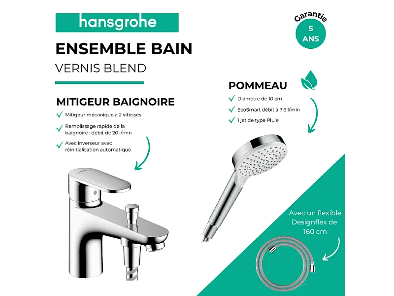 Pack mitigeur bain douche mécanique HANSGROHE Vernis Blend C2 + Pommeau de douche Crometta + Flexible Designflex chromé