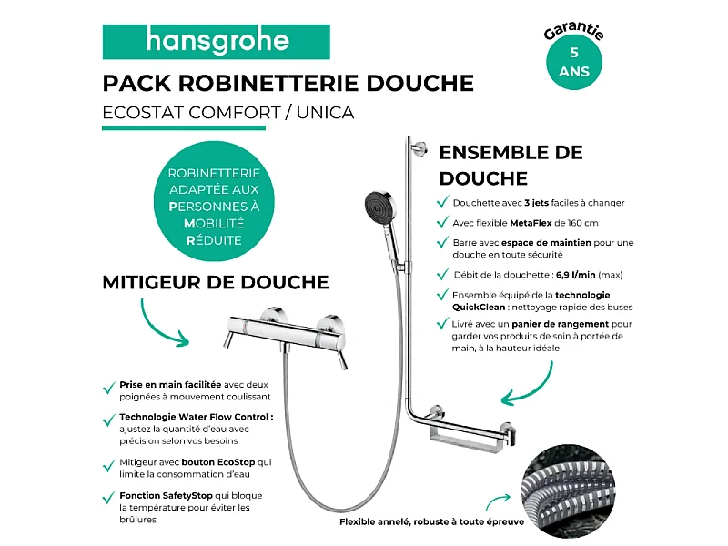 Mitigeur thermostatique HANSGROHE Ecostat Comfort Care + Barre PMR Unica droite + Pommeau Pulsify Select 3jets + Flexible Metaflex