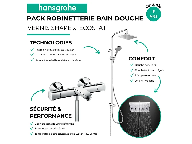 Pack mitigeur bain douche thermostatique HANSGROHE Ecostat Universal + colonne HANSGROHE Vernis Shape 230 chromé