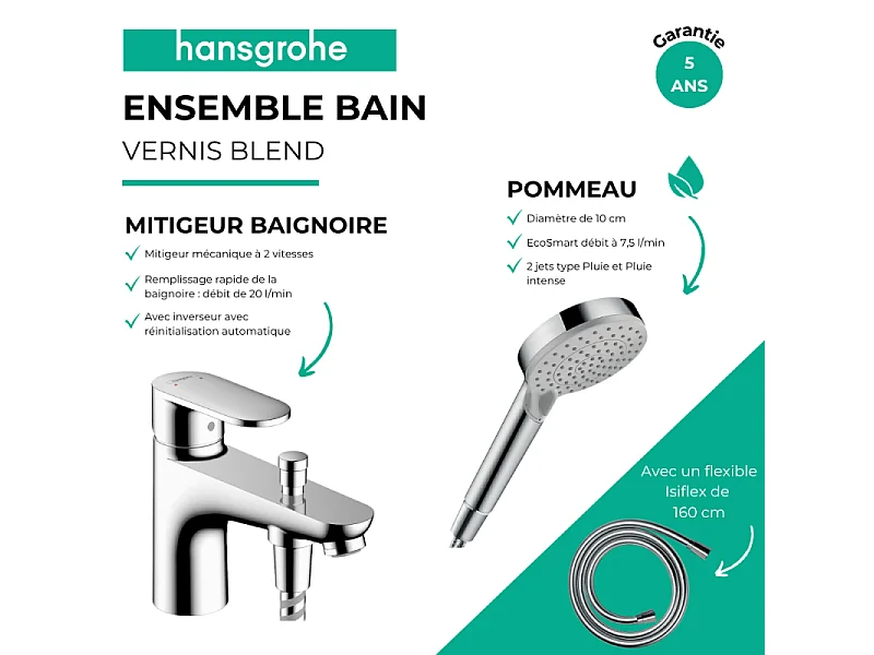 Pack mitigeur bain douche mécanique HANSGROHE Vernis Blend C2 + Pommeau de douche Vernis Blend + Flexible Isiflex chromé