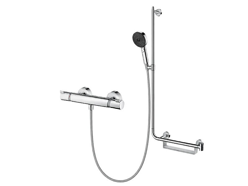 Mitigeur thermostatique HANSGROHE Ecostat Comfort + Barre PMR Unica droite + Pommeau Pulsify Select 3 jets + Flexible Designflex