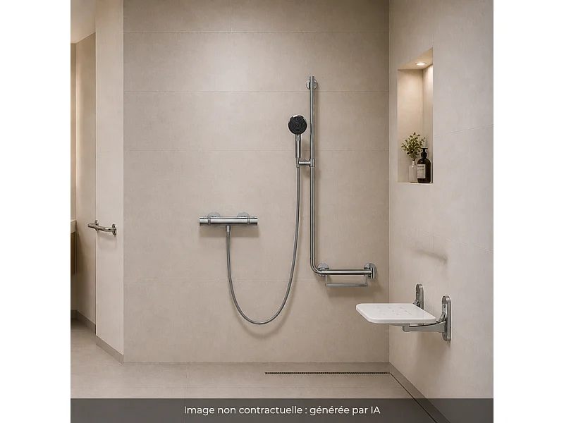 Mitigeur thermostatique HANSGROHE Ecostat Comfort + Barre PMR Unica droite + Pommeau Pulsify Select 3 jets + Flexible Designflex