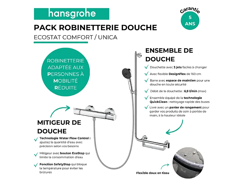Mitigeur thermostatique HANSGROHE Ecostat Comfort + Barre PMR Unica droite + Pommeau Pulsify Select 3 jets + Flexible Designflex