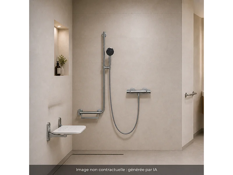 Mitigeur thermostatique HANSGROHE Ecostat Comfort + Barre PMR Unica gauche + Pommeau Pulsify Select 3 jets + Flexible Isiflex