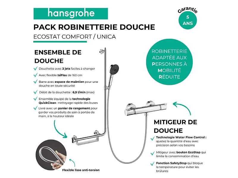 Mitigeur thermostatique HANSGROHE Ecostat Comfort + Barre PMR Unica gauche + Pommeau Pulsify Select 3 jets + Flexible Isiflex