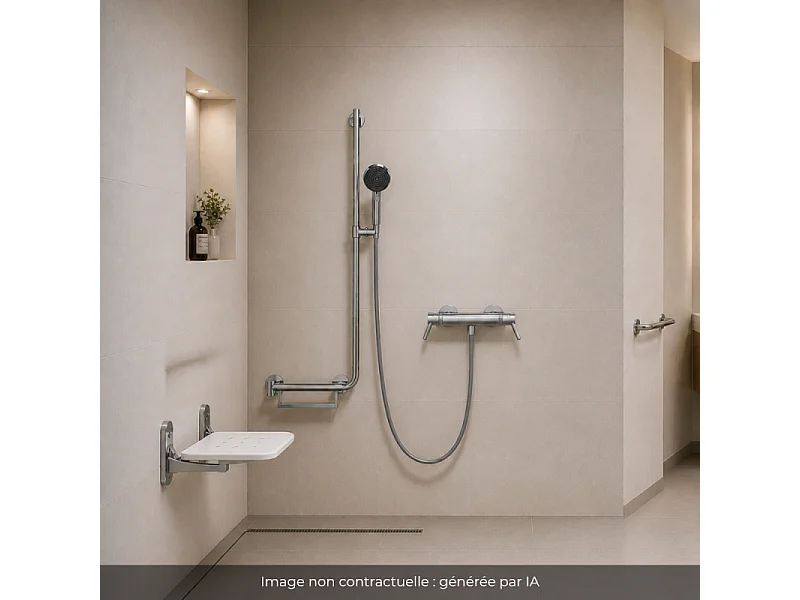Mitigeur thermostatique HANSGROHE Ecostat Comfort Care + Barre PMR Unica gauche + Pommeau Pulsify Select 3 jets + Flexible Isiflex