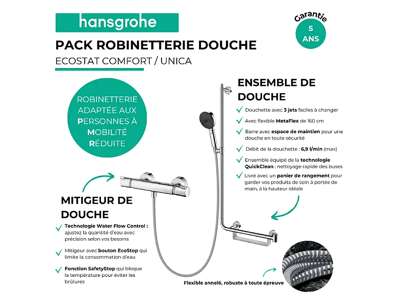 Mitigeur thermostatique HANSGROHE Ecostat Comfort + Barre PMR Unica droite + Pommeau Pulsify Select 3 jets + Flexible Metaflex