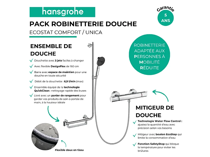 Mitigeur thermostatique HANSGROHE Ecostat Comfort + Barre PMR Unica gauche + Pommeau Pulsify Select 3 jets + Flexible Designflex