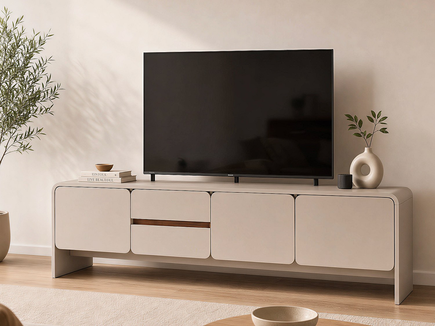 TV-Board mit 3 Türen und 2 Schubladen - Beige und dunkles Natur DYSARA
