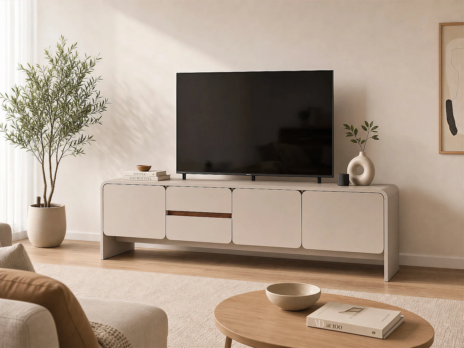 Meuble TV avec 3 portes et 2 tiroirs - Beige et naturel foncé - DYSARA