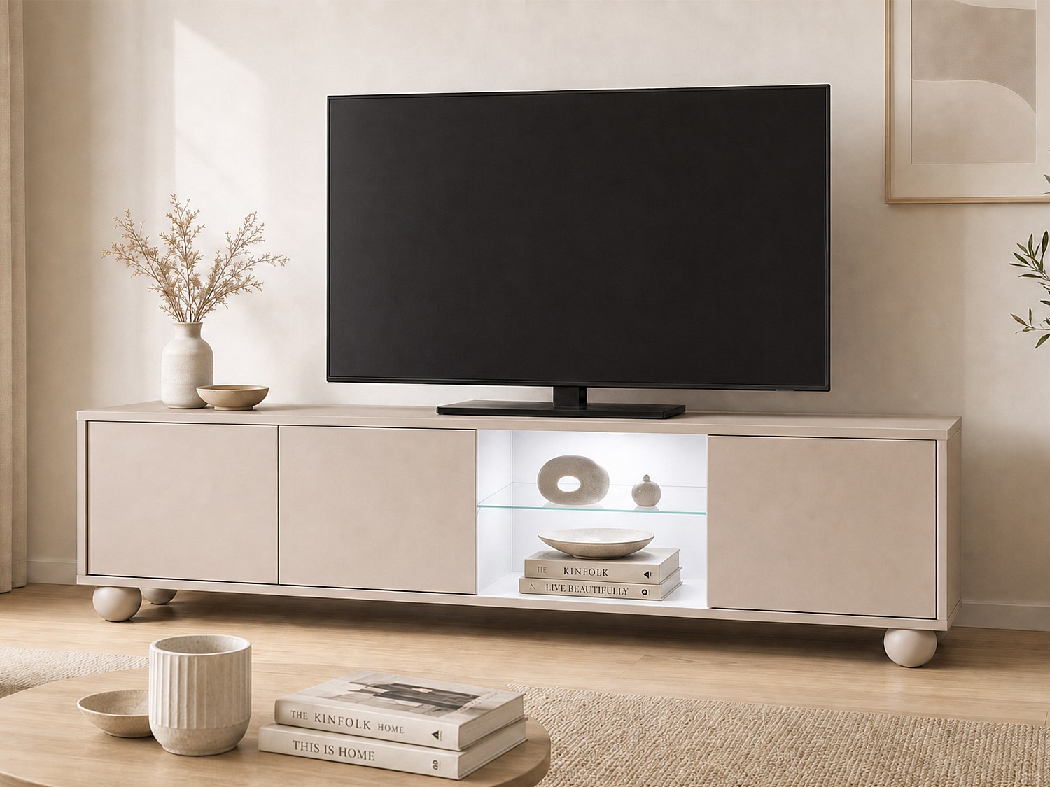 TV-Board mit 3 Türen, 2 Ablagen und LED-Beleuchtung - Beige MYVARO