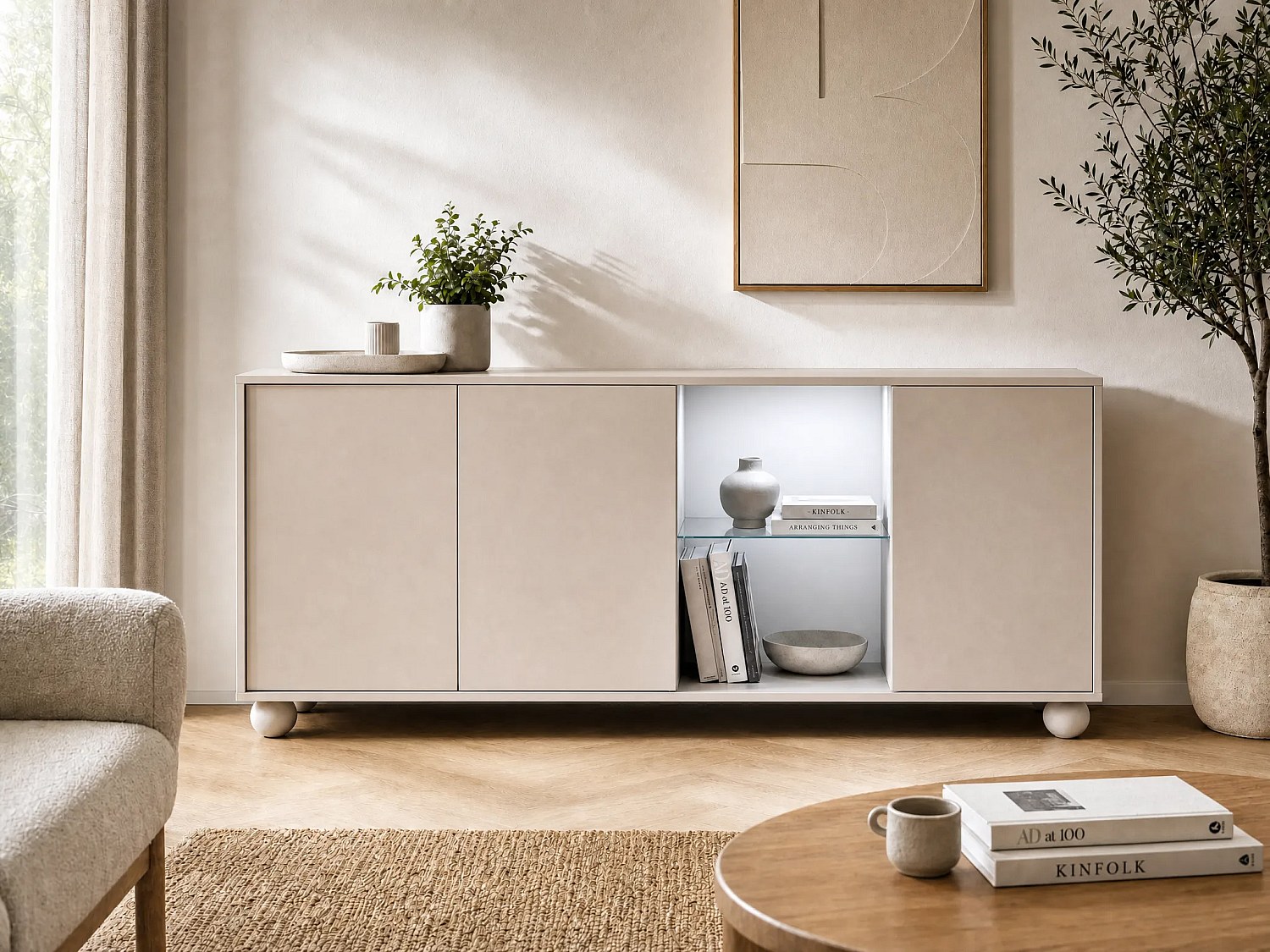 Sideboard mit 3 Türen, 2 Ablagen und LED-Beleuchtung - Beige MYVARO