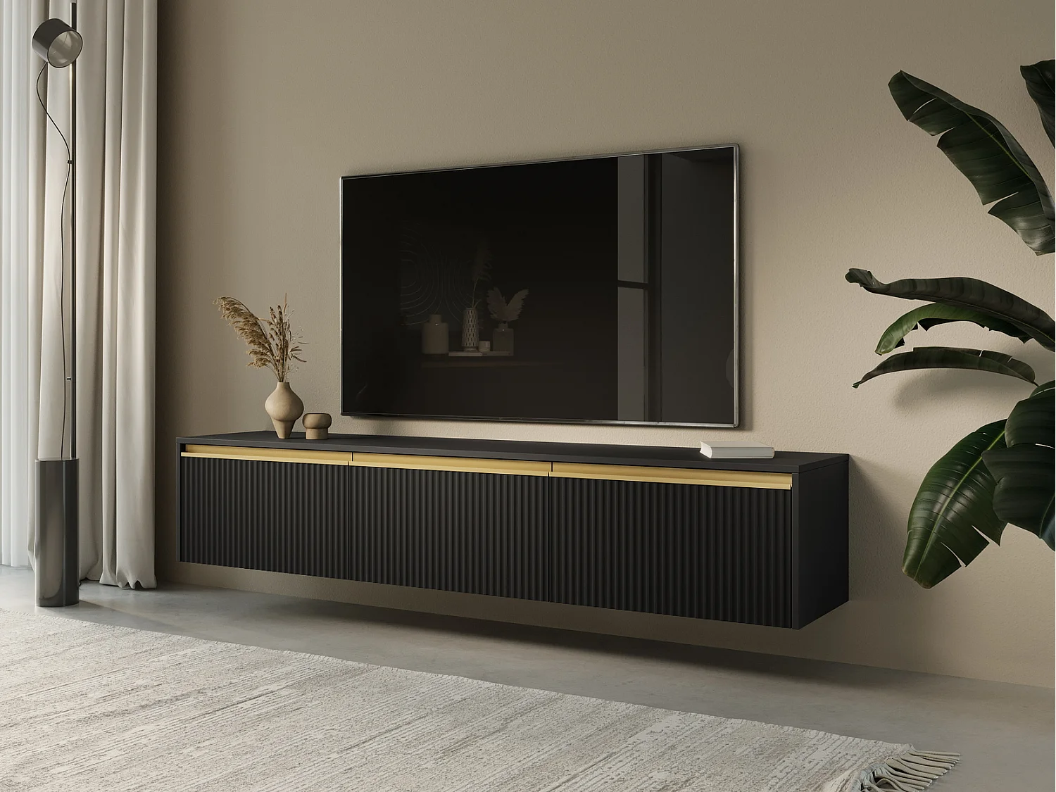 Hängendes / stehendes TV-Lowboard Baron 180 cm, geriffelte Fronten, Schwarz