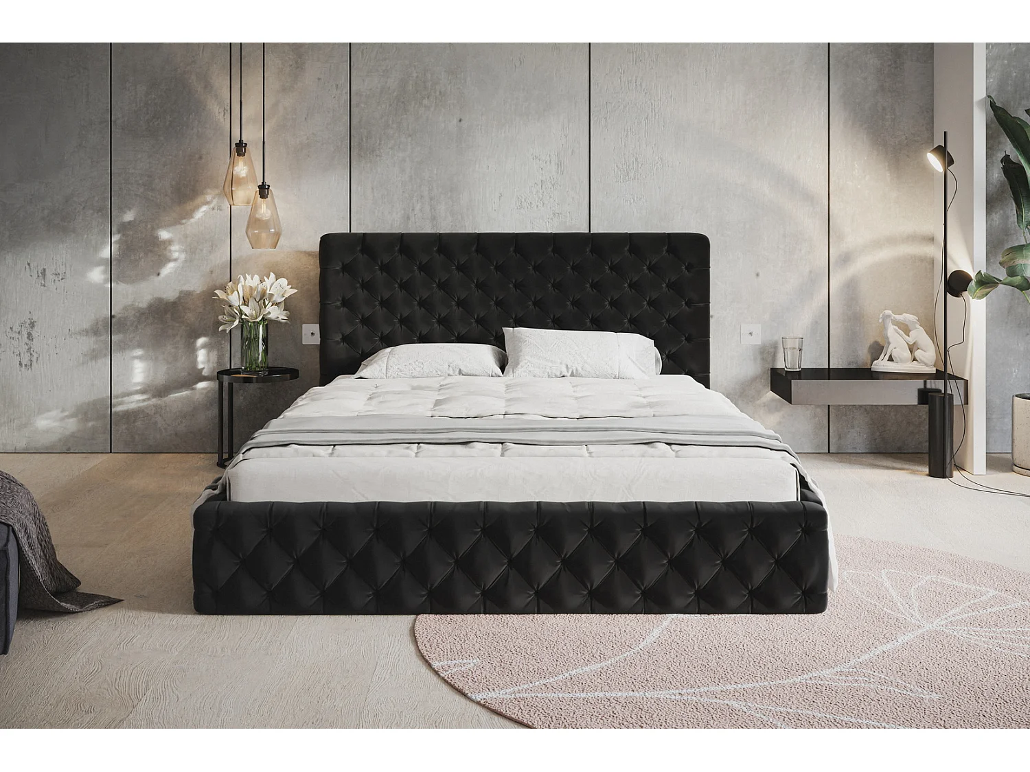 Lit adulte 160x200 Furis - Lit double avec Rangment - Lit rembourré, lit chesterfield 140x200 - Velvet Noir (Amor Velvet 4322)