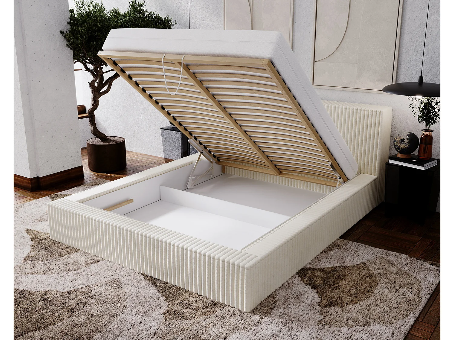 Emporius Lit avec cadre 160 x 200 Buffy - Lit capitonné avec Rangement, Tissu de fourrure, Orange (Vito 44)